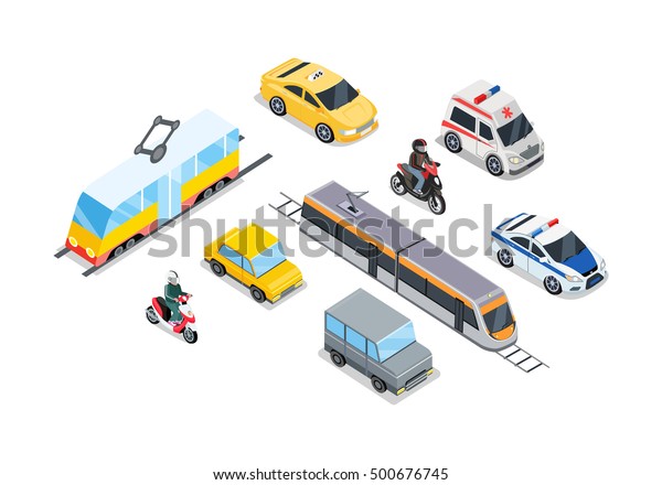 Public transportation. Traffic items\
collection. Car moto bus taxi ambulance safari off road moto train\
police car. City service transport icons. Part of series of city\
isometric. Vector\
illustration