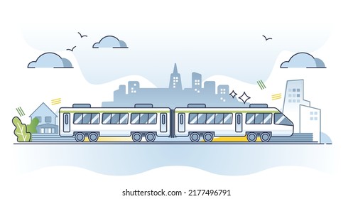 Public transportation and train infrastructure for passengers outline concept. Fast railroad transport with electric locomotive and wagons vector illustration. Mobility with urban railway routes.