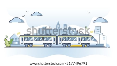 Public transportation and train infrastructure for passengers outline concept. Fast railroad transport with electric locomotive and wagons vector illustration. Mobility with urban railway routes.