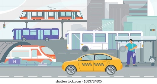 Public transportation tram bus yellow taxi in city street waiting passenger at trolleybus stop flat vector illustration