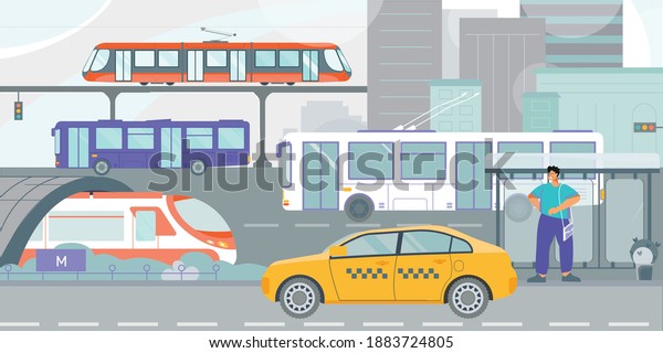 Public transportation tram bus yellow taxi\
in city street waiting passenger at trolleybus stop flat vector\
illustration