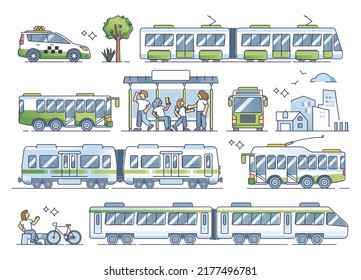 Tipos de transporte público para el conjunto de recopilación de esquema de viajes de pasajeros. Uso de trenes, autobuses, vagones o vehículos para el movimiento urbano alrededor de la ilustración de los vectores urbanos. Elementos de movilidad metropolitana.