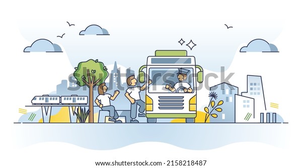 Public transportation usage and city bus with
passengers outline concept. Town route station with waiting people
in line for transit shuttle vector illustration. Use urban and
modern shuttle for trip