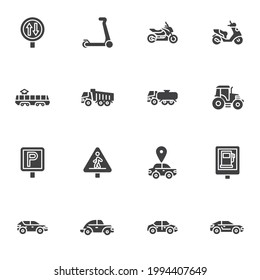 Public transportation vector icons set, modern solid symbol collection, filled style pictogram pack. Signs, logo illustration. Set includes icons as scooter, motorcycle, tram, truck vehicle, car 