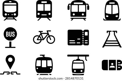 Public Transportation Vehicle Black Vector Icon Collection