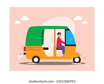 Public transportation vehicle indian rickshaw, with man driving on the highway. Character design. Vector flat illustration