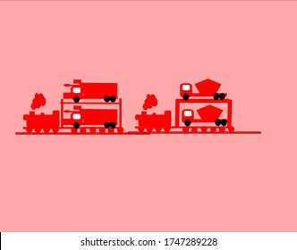 public transportation vehicles, red articulated trains that are devoted to carrying goods illustration vector graphic