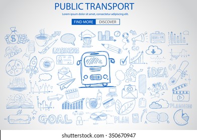 Public Transports concept wih Doodle design style :best routes, users satisfactions, gas saving. Modern style illustration for web banners, brochure and flyers.