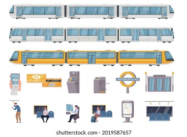 Public underground transport flat set of trains passengers turnstiles subway map and payment cards isolated vector illustration