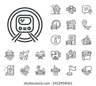 Public underground transportation sign. Plane, supply chain and place location outline icons. Metro subway transport line icon. Metro subway line sign. Taxi transport, rent a bike icon. Vector