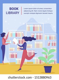 Public or University Library Flat Vector Banner or Poster Template with Woman, Female Student Choosing Books in Library, Librarian Sorting and Arranging Binders with Documents on Shelves Illustration