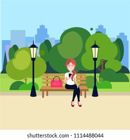 public urban park woman hold smartphone sitting wooden bench street lamp green lawn trees on city buildings template background flat