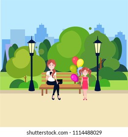 public urban park woman sitting wooden bench girl hold balloons street lamp green lawn trees on city buildings template background flat
