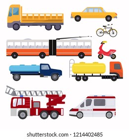 Public urban transport for the transport of people of different goods. Fire truck, ambulance, moped, bicycle, trolleybus and others.