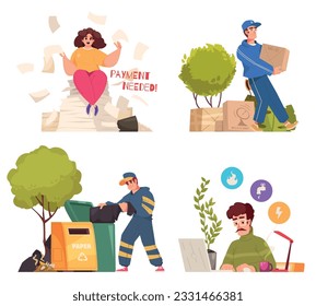 Public utilities cartoon compositions set with people paying online for household appliences isolated vector illustration