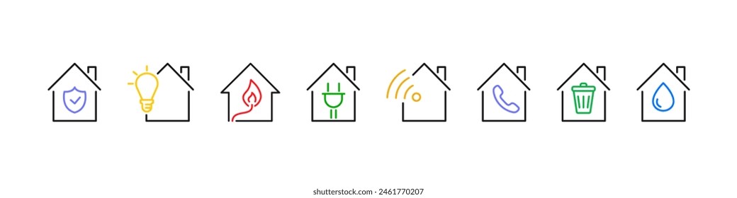 Public Utilities collection. Utility bills icons set. Home icon with utility symbol. Vector.