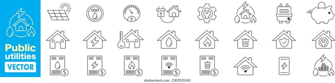 Public utilities, electricity, Gas, water, heating, line icons vector illustration editable stroke. 