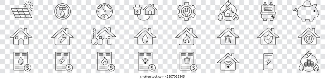 Öffentliche Versorgungsbetriebe, Strom, Gas, Wasser, Heizung, Linie Symbole Vektorgrafik editierbaren Hub. 