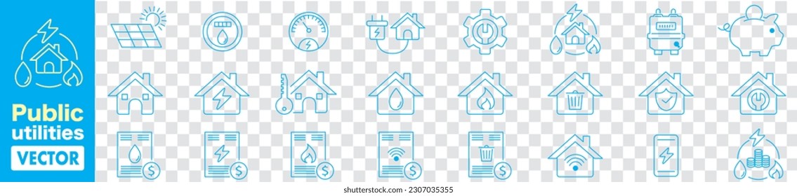 Public utilities, electricity, Gas, water, heating, line icons vector illustration editable stroke. 