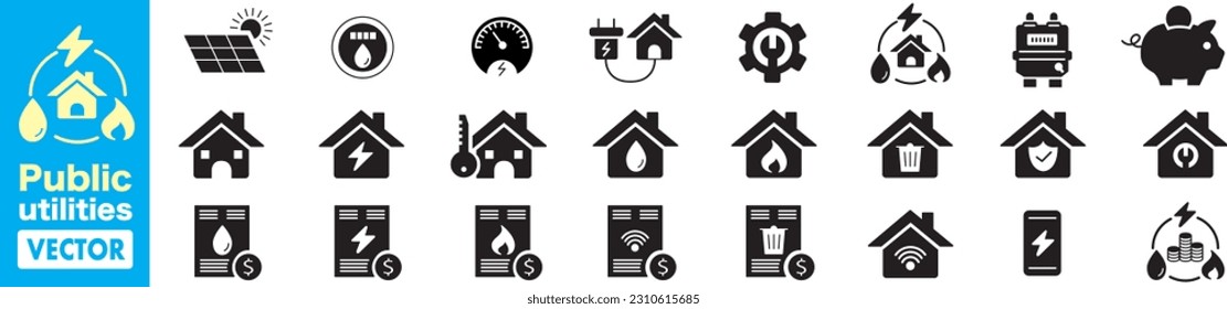 Public utilities, electricity, Gas, water, heating, line icons vector illustration editable stroke. 