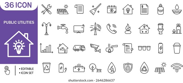 Serviços Públicos Energia Eletricidade da água Solar Recycle Icon Set

