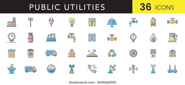 Conjunto de ícones de cores planas para serviços públicos - Ícones de vetor de serviços essenciais para energia, água, resíduos e comunicação