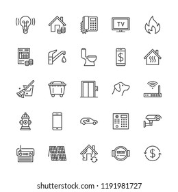 Public utilities flat line icons. Rent receipt, electricity water, gas, house heating, CCTV, overhaul, garbage vector illustrations. Thin signs utility invoice. Pixel perfect 64x64. Editable Strokes