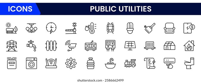 Public utilities icon collection set. power, gas, and water. Signed thin line icons collection.