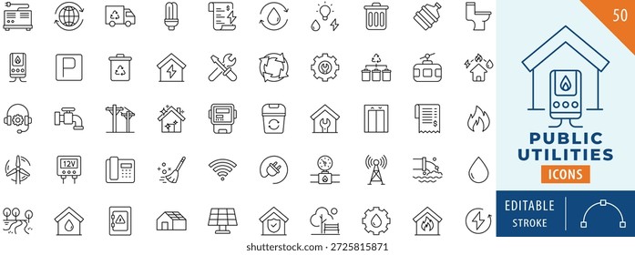 Conjunto de colecciones de iconos de servicios públicos. Trazo editable. Ilustración vectorial.