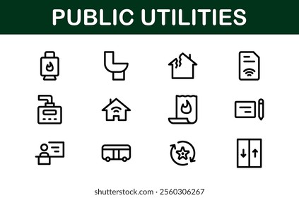 Public Utilities Icon Pack. Clean, Editable Line Icons for Energy, Water Supply, Waste Management, and Urban Infrastructure