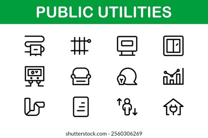 Public Utilities Icon Pack. Clean, Editable Line Icons for Energy, Water Supply, Waste Management, and Urban Infrastructure