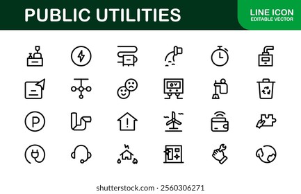 Public Utilities Icon Pack. Clean, Editable Line Icons for Energy, Water Supply, Waste Management, and Urban Infrastructure