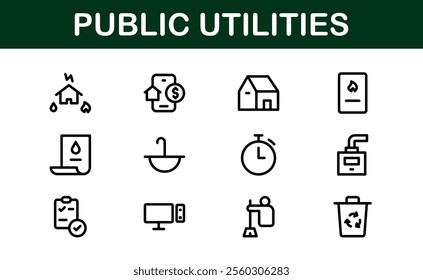 Public Utilities Icon Pack. Clean, Editable Line Icons for Energy, Water Supply, Waste Management, and Urban Infrastructure