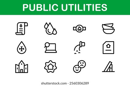 Public Utilities Icon Pack. Clean, Editable Line Icons for Energy, Water Supply, Waste Management, and Urban Infrastructure