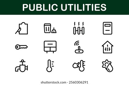 Public Utilities Icon Pack. Clean, Editable Line Icons for Energy, Water Supply, Waste Management, and Urban Infrastructure