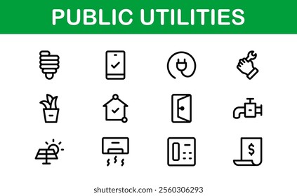 Public Utilities Icon Pack. Clean, Editable Line Icons for Energy, Water Supply, Waste Management, and Urban Infrastructure