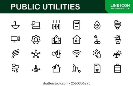 Public Utilities Icon Pack. Clean, Editable Line Icons for Energy, Water Supply, Waste Management, and Urban Infrastructure