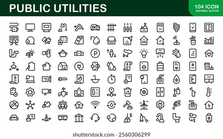 Public Utilities Icon Pack. Clean, Editable Line Icons for Energy, Water Supply, Waste Management, and Urban Infrastructure