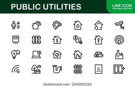 Public Utilities Icon Pack. Clean, Editable Line Icons for Energy, Water Supply, Waste Management, and Urban Infrastructure