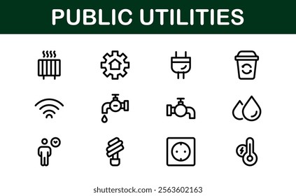 Public Utilities Icon Pack. Clean, Editable Line Icons for Energy, Water Supply, Waste Management, and Urban Infrastructure