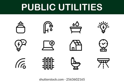 Public Utilities Icon Pack. Clean, Editable Line Icons for Energy, Water Supply, Waste Management, and Urban Infrastructure