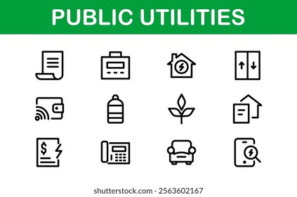 Public Utilities Icon Pack. Clean, Editable Line Icons for Energy, Water Supply, Waste Management, and Urban Infrastructure