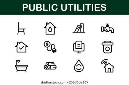 Public Utilities Icon Pack. Clean, Editable Line Icons for Energy, Water Supply, Waste Management, and Urban Infrastructure