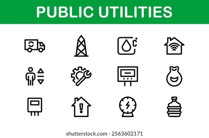 Public Utilities Icon Pack. Clean, Editable Line Icons for Energy, Water Supply, Waste Management, and Urban Infrastructure