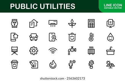 Public Utilities Icon Pack. Clean, Editable Line Icons for Energy, Water Supply, Waste Management, and Urban Infrastructure