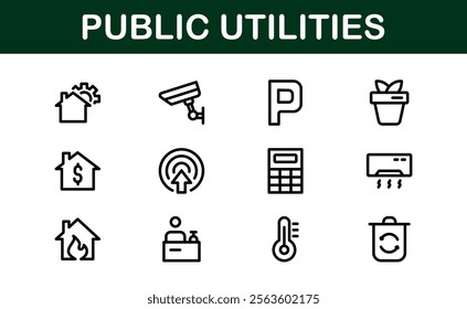 Public Utilities Icon Pack. Clean, Editable Line Icons for Energy, Water Supply, Waste Management, and Urban Infrastructure