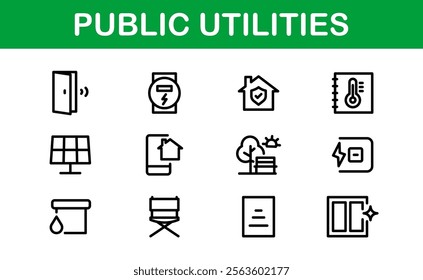 Public Utilities Icon Pack. Clean, Editable Line Icons for Energy, Water Supply, Waste Management, and Urban Infrastructure