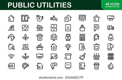 Public Utilities Icon Pack. Clean, Editable Line Icons for Energy, Water Supply, Waste Management, and Urban Infrastructure