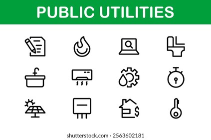 Public Utilities Icon Pack. Clean, Editable Line Icons for Energy, Water Supply, Waste Management, and Urban Infrastructure