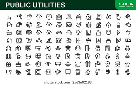 Public Utilities Icon Pack. Clean, Editable Line Icons for Energy, Water Supply, Waste Management, and Urban Infrastructure